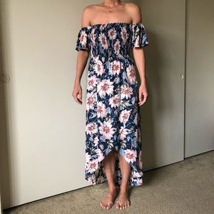 Blue Floral Off Shoulder Smocked Wrap Dress